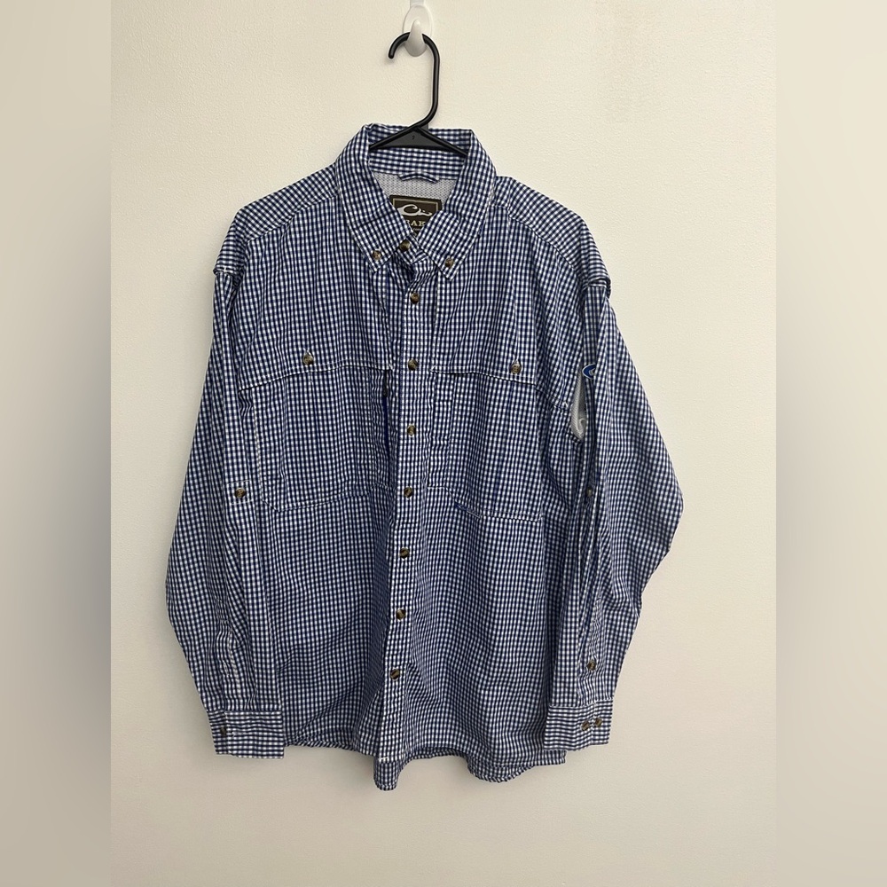 Drake Clothing Shirt Mens Medium Blue Plaid Vented Magnet Zip Fishing Button Up
